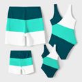 Family Matching Colorblock One-piece Swimsuit or Swim Trunks Shorts Peacockbluewhite image 2