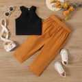 2pcs Toddler Girl Cotton Ribbed Halter Tee and Belted Pants Set BrownishBlack image 2