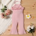 2pcs Baby Girl Cotton Ribbed Ruffle Trim Halter Sleeveless Bell Bottom Jumpsuit & Belt Set Pink image 3
