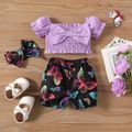 3pcs Baby Girl 100% Cotton Off Shoulder Puff-sleeve Bow Front Shirred Top and Allover Butterfly Print Shorts & Headband Set Colorful image 1