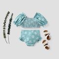 2pcs Toddler Girl Allover Plant Print Puff-sleeve Shirred Crop Top & Shorts Two-piece Swimsuit Set Light Green image 3