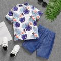 2pcs Kid Boy Plant Print Short-sleeve Shirt and Solid Shorts Set Purple image 2