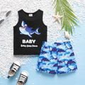 2pcs Baby Boy Cotton Shark & Letter Graphic Tank Top and Allover Print Shorts Set ColorBlock image 1