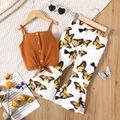 2-piece Toddler Girl Button Design Tie Knot Camisole Tank and Butterfly Print Flared Pants Set Brown image 1