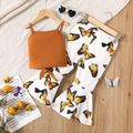 2-piece Toddler Girl Button Design Tie Knot Camisole Tank and Butterfly Print Flared Pants Set Brown image 2