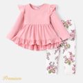 2pcs Baby Girl Cotton Ruffled Long-sleeve Tee and Floral Print Naia™ Leggings Set Pink image 1