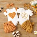 3pcs Baby Girl 95% Cotton Ruffle Short-sleeve Graphic Romper and Dots/Floral Print Shorts with Headband Sets White image 2
