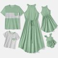 Family Matching Green Halter Neck Sleeveless Drawstring Dresses and Striped Splicing Short-sleeve T-shirts Sets Green image 2