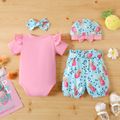 Mother's Day 4pcs Baby Girl 95% Cotton Short-sleeve Letter Graphic Romper and Pineapple Print Belted Shorts with Hat & Headband Set Pink image 2