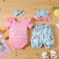 Mother's Day 4pcs Baby Girl 95% Cotton Short-sleeve Letter Graphic Romper and Pineapple Print Belted Shorts with Hat & Headband Set Pink image 1