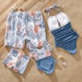 Family Matching Solid & Leaf-print Halter Neck One-piece Swimsuit or Swim Trunks Shorts Blue image 2