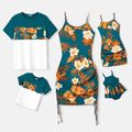Family Matching Allover Floral Print Drawstring Ruched Bodycon Cami Dresses and Short-sleeve Spliced T-shirts Sets Green image 1