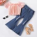Kid Girl 3D Butterfly Design Off Shoulder Mesh Sleeve Blouse or Ripped Raw Hem Flare Jeans Pink image 2