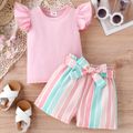 2pcs Baby Girl Solid 95% Cotton Flutter-sleeve Tee and Striped Belted Shorts Set Pink image 3