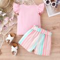 2pcs Baby Girl Solid 95% Cotton Flutter-sleeve Tee and Striped Belted Shorts Set Pink image 2