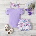 3pcs Baby Girl Ribbed Romper & Belted Shorts & Headband Set Purple image 2