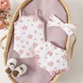 3pcs Baby Girl 3-piece Floral Print Textured Cami Romper and Ruffled Shorts & Headband Set Pink image 4