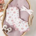 3pcs Baby Girl 3-piece Floral Print Textured Cami Romper and Ruffled Shorts & Headband Set Pink image 1