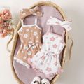 3pcs Baby Girl 3-piece Floral Print Textured Cami Romper and Ruffled Shorts & Headband Set Pink image 2
