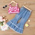 2pcs Toddler Girl Plaid Bow Front Crop Camisole and Raw Trim Flare Leg Jeans Set Roseo image 1