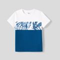 Family Matching Plant Print Splice Belted Tank Dresses and Color Block Short-sleeve T-shirts Sets Blue image 5