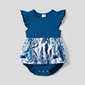 Family Matching Plant Print Splice Belted Tank Dresses and Color Block Short-sleeve T-shirts Sets Blue image 2