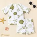 2pcs Baby Boy Allover Scallop Print Short-sleeve Two-piece Swimsuit Set Green/White image 2