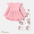 2pcs Baby Girl Cotton Ruffled Long-sleeve Tee and Floral Print Naia™ Leggings Set Pink image 2