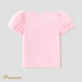 Kid Girl Cotton Ribbed Appliques Detail Mesh Puff-sleeve Tee Pink image 2