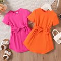Toddler Girl Solid Curved Hem Short-sleeve Belted Dress Orange color image 2