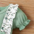2pcs Baby Girl Ruffle Ribbed Allover Floral Print Puff-sleeve Romper and Headband Set Green image 3