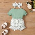 2pcs Baby Girl Ruffle Ribbed Allover Floral Print Puff-sleeve Romper and Headband Set Green image 2