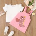 2pcs Toddler Girl Ruffled Short-sleeve Top and Unicorn Embroidered Overall Dress  Set  Pink image 1