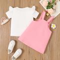 2pcs Toddler Girl Ruffled Short-sleeve Top and Unicorn Embroidered Overall Dress  Set  Pink image 2
