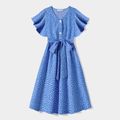 Family Matching Dots Pattern Belted Ruffle-sleeve Dresses and Colorblock T-shirts Sets Blue image 2