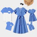 Family Matching Dots Pattern Belted Ruffle-sleeve Dresses and Colorblock T-shirts Sets Blue image 1