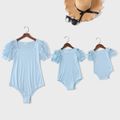 Solid Color Puff Short-sleeve Matching Blue Rompers Light Blue