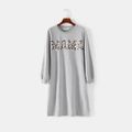 Leopard Letter Print Long-sleeve Sweatshirt Dress for Mom and Me Grey