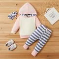 3pcs Striped Color Blocked Hooded Long-sleeve Baby Set Pink image 1