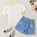 Kid Girl Puff-sleeve Solid Top Denim Floral Flounced Pocket Suits White