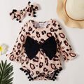 Baby Girl Bohemia Bowknot Pompon Decor Leopard Rompers with Headband Color block image 1