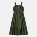 100% Cotton Solid Color Matching Sling Midi Dresses Dark Green