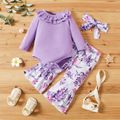 3-piece Baby Girl Ruffle Collar Long-sleeve Solid Romper, Floral Print Flared Pants and Headband Set Lavender image 1
