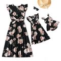 Black Floral Print Ruffle-sleeve Dresses for Mommy and Me Black