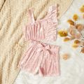 2-piece Toddler Girl One Shoulder Ruffled Strap Top and Bowknot Decor Elasticized Shorts Velvet Set Pink image 1