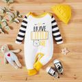 2pcs Baby Boy Letter Print and Stripe Long Sleeve Jumpsuits Set White