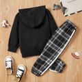 2-piece Baby / Toddler Letter Hooded Pullover and Plaid Pants Set Black