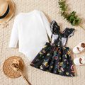 2pcs Baby Girl Solid Ribbed Long-sleeve Romper and Floral Print Black Ruffle Overall Dress Set Dark Blue/white