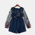 Floral Embroidered Mesh Long-sleeve Matching Blue Shorts Rompers Royal Blue