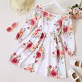 Kid Girl Square Neck Floral Print Long Ruffle-sleeve A line Dress White